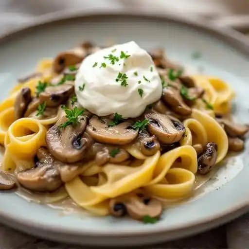 Mushroom Stroganoff recipe served on a plate, by The Lexington