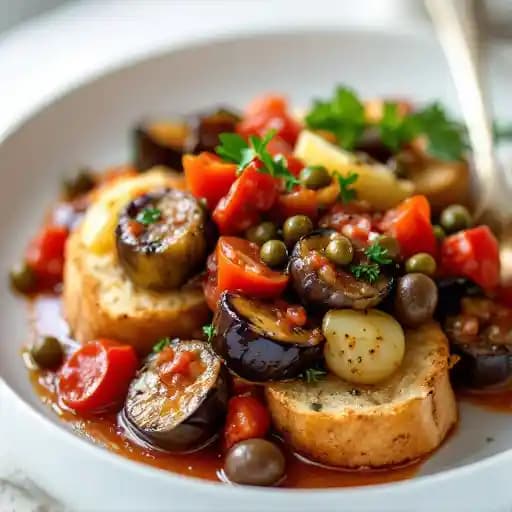 Caponata recipe served on a plate, by Licari's Sicilian Pizza Kitchen-No.1