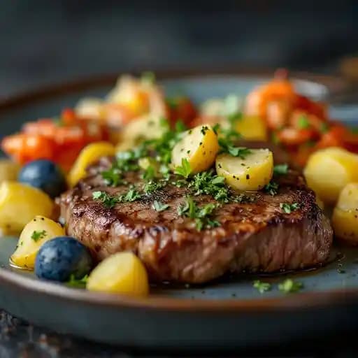 Garlic Crusted Flat Iron Steak recipe served on a plate, by The Court of Two Sisters