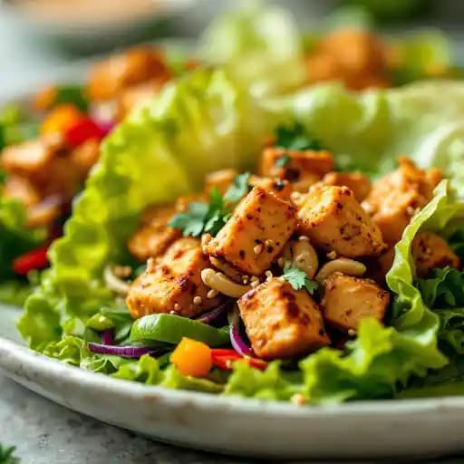 Vegan Tofu Lettuce Wraps recipe served on a plate, by Moxies - Victoria