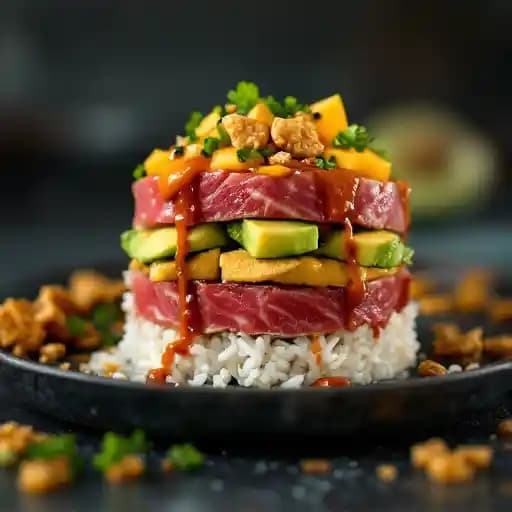 Tuna Sushi Stack recipe served on a plate, by Moxies - Victoria