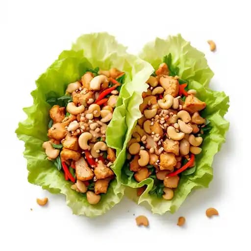 Cashew Chicken Lettuce Wraps recipe served on a plate, by Moxies - Victoria
