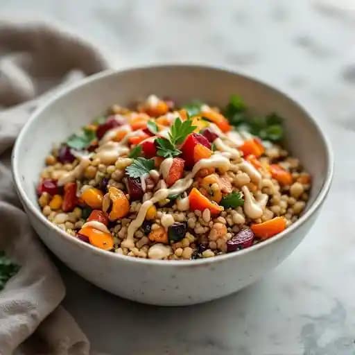 Mediterranean Grain Bowl recipe served on a plate, by The Watch Rooftop Kitchen and Spirits Mediterranean Grain Bowl recipe served on a plate, by The Watch Rooftop Kitchen and Spirits