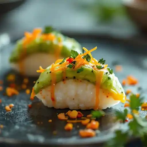 Avocado Nigiri recipe served on a plate, by Uchi Austin