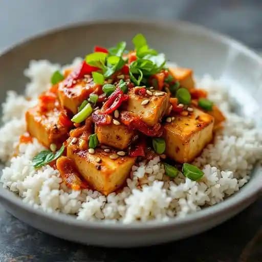 Spicy Korean Tofu (Kkanpung Dubu) recipe served on a plate, by Cocha