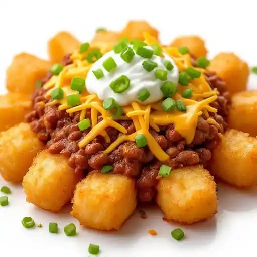CHILI CHEESE TOTS recipe served on a plate, by Biercamp CHILI CHEESE TOTS recipe served on a plate, by Biercamp