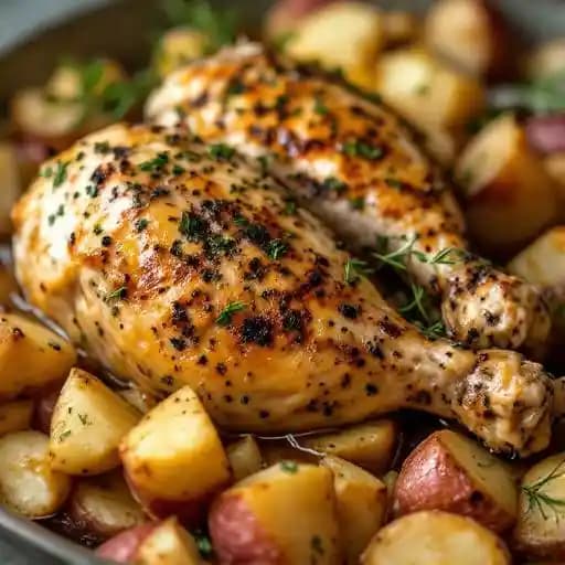 SLOW ROASTED CHICKEN recipe served on a plate, by 131 MAIN Restaurant