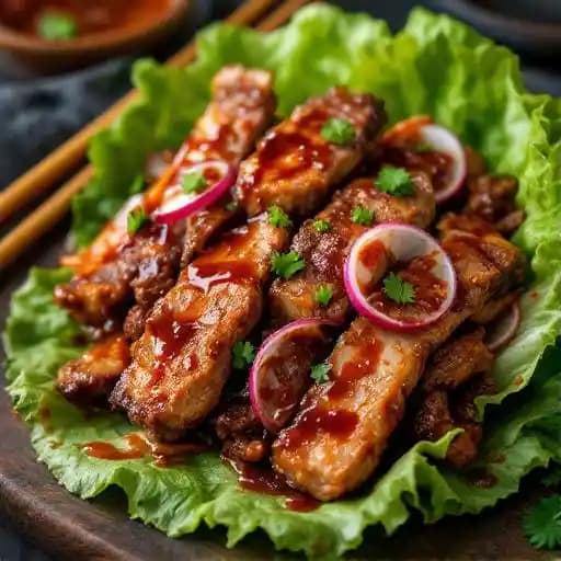 Bulgogi Pork Ribs Lettuce Wraps recipe served on a plate, by LP - Street Food Bulgogi Pork Ribs Lettuce Wraps recipe served on a plate, by LP - Street Food