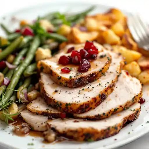 Sage Brined Smoked Local Turkey recipe served on a plate, by The Blackbird Restaurant Sage Brined Smoked Local Turkey recipe served on a plate, by The Blackbird Restaurant