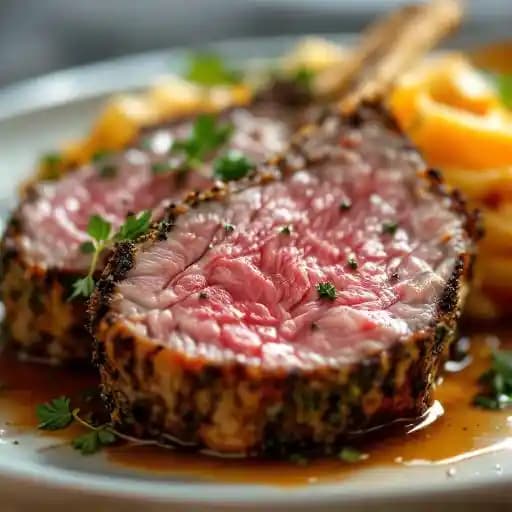 Herb-Crusted Rack of Lamb recipe served on a plate, by Schymik's Kitchen
