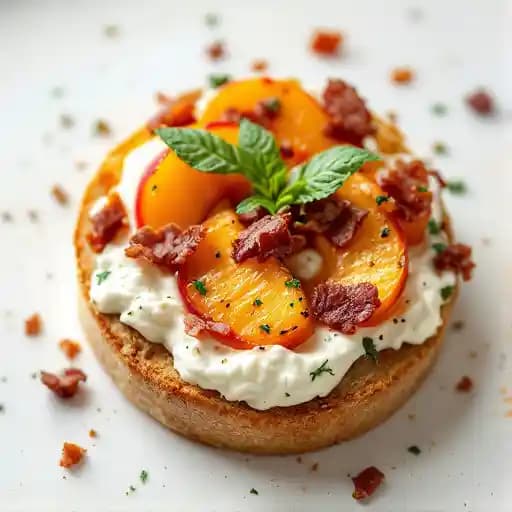 peach creme fraiche BRUSCHETTA recipe served on a plate, by The Statehouse