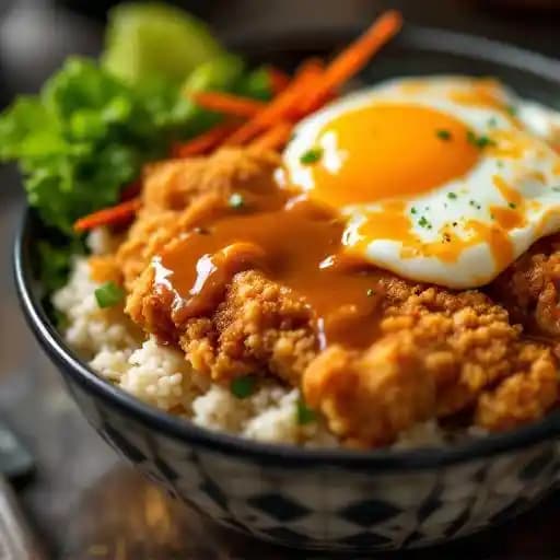 Chicken Katsu Loco Bowl recipe served on a plate, by Naung Mai Thai Kitchen