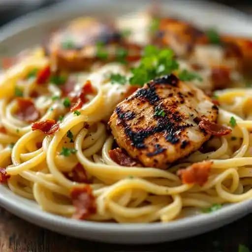 BLACKENED CHICKEN CARBONARA recipe served on a plate, by Glo Restaurant + Lounge