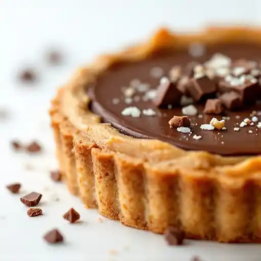 Peanut Butter & Chocolate Tart recipe served on a plate, by Butcher and Singer Peanut Butter & Chocolate Tart recipe served on a plate, by Butcher and Singer