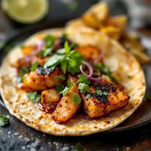 Tacones - Jerk Fish recipe served on a plate, by Red Fish Blue Fish
