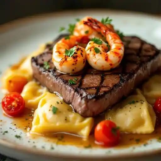 Steak & Ravioli Bianco With Prawns