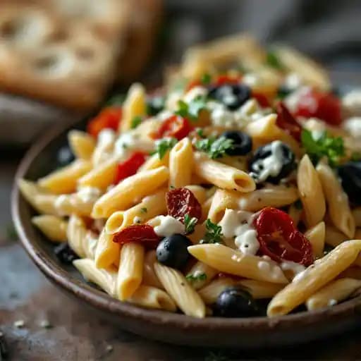 Pasta Salad w/ Pita Bread recipe served on a plate, by Crazy Jim's Restaurant (Washington Street)