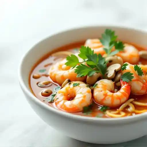 Tom Yum Goong recipe served on a plate, by Sookjai Thai Restaurant Tom Yum Goong recipe served on a plate, by Sookjai Thai Restaurant