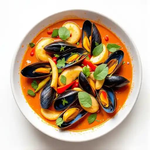 Mussels In Coconut Red Curry recipe served on a plate, by Sookjai Thai Restaurant