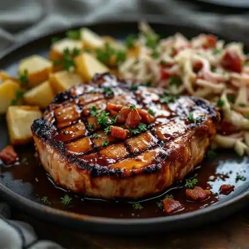 Grilled Pork Chop recipe served on a plate, by Julington Creek Fish Camp