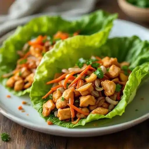 Hoisin Chicken Lettuce Wraps recipe served on a plate, by Blue Bamboo