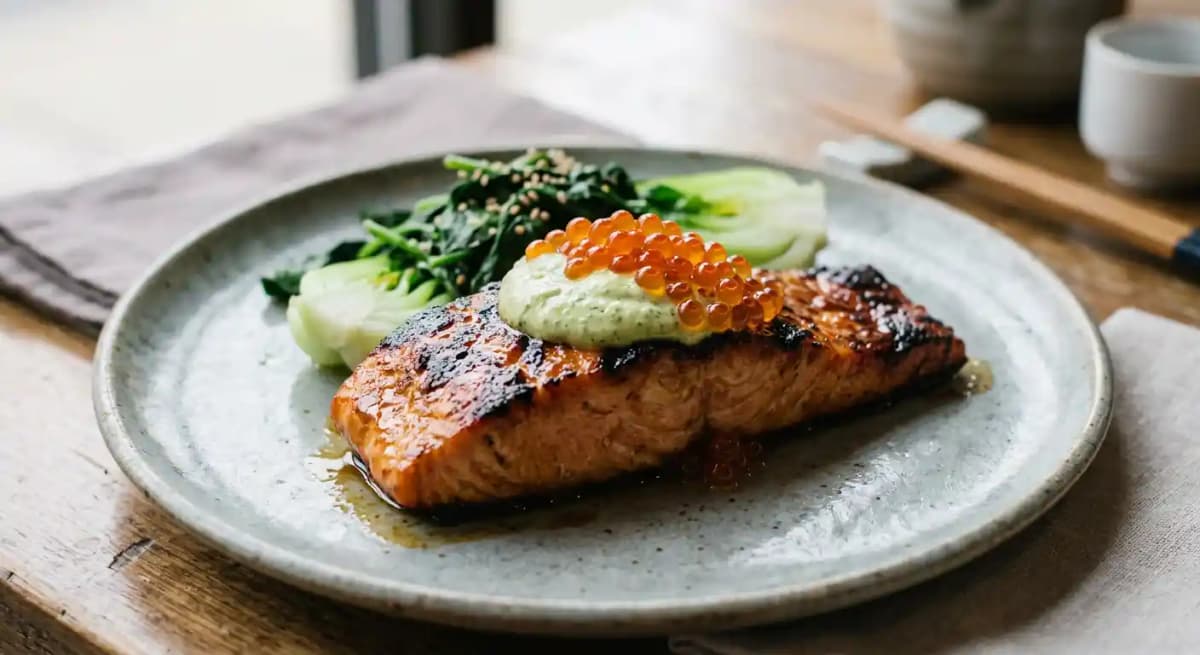 grilled miso salmon, wasabi miso, roe