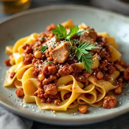 Pappardelle with Duck Ragù recipe served on a plate, by Ristorante Di Sopra