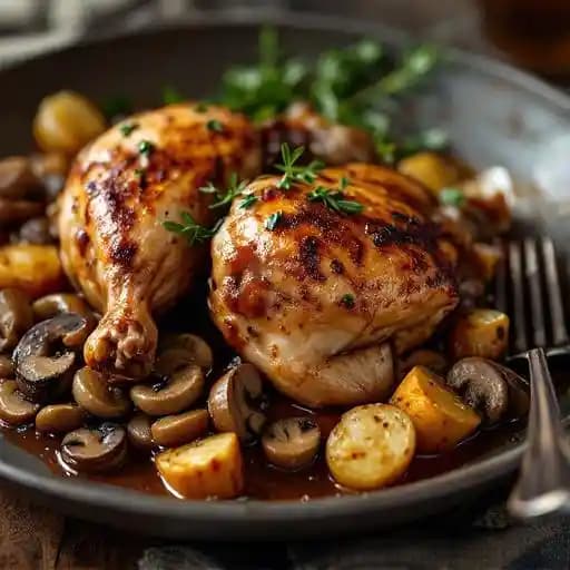 Coq Au Vin recipe served on a plate, by Elyse Restaurant