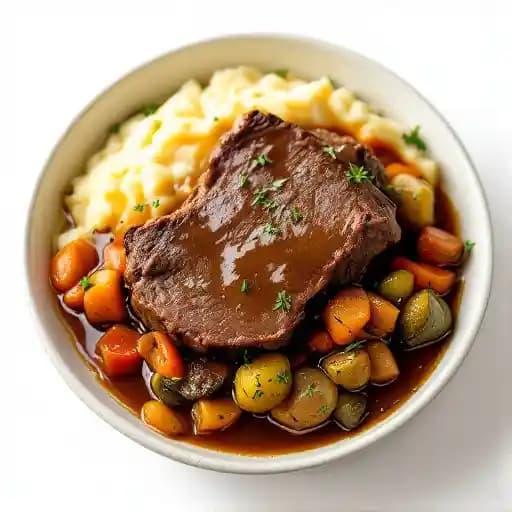Pot Roast recipe served on a plate, by Blue Plate Cafe