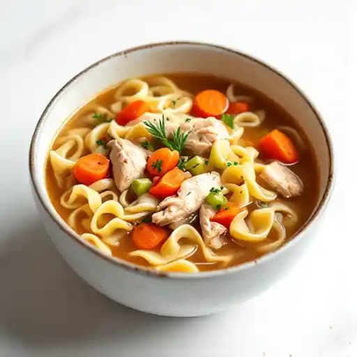 Roasted Chicken Noodle Soup recipe served on a plate, by 49th State Brewing - Anchorage