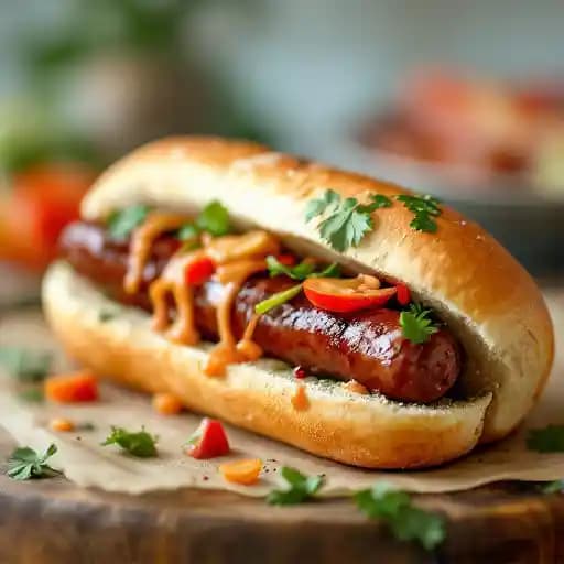 Vegan Bahn Mi Sausage recipe served on a plate, by 49th State Brewing - Anchorage Vegan Bahn Mi Sausage recipe served on a plate, by 49th State Brewing - Anchorage