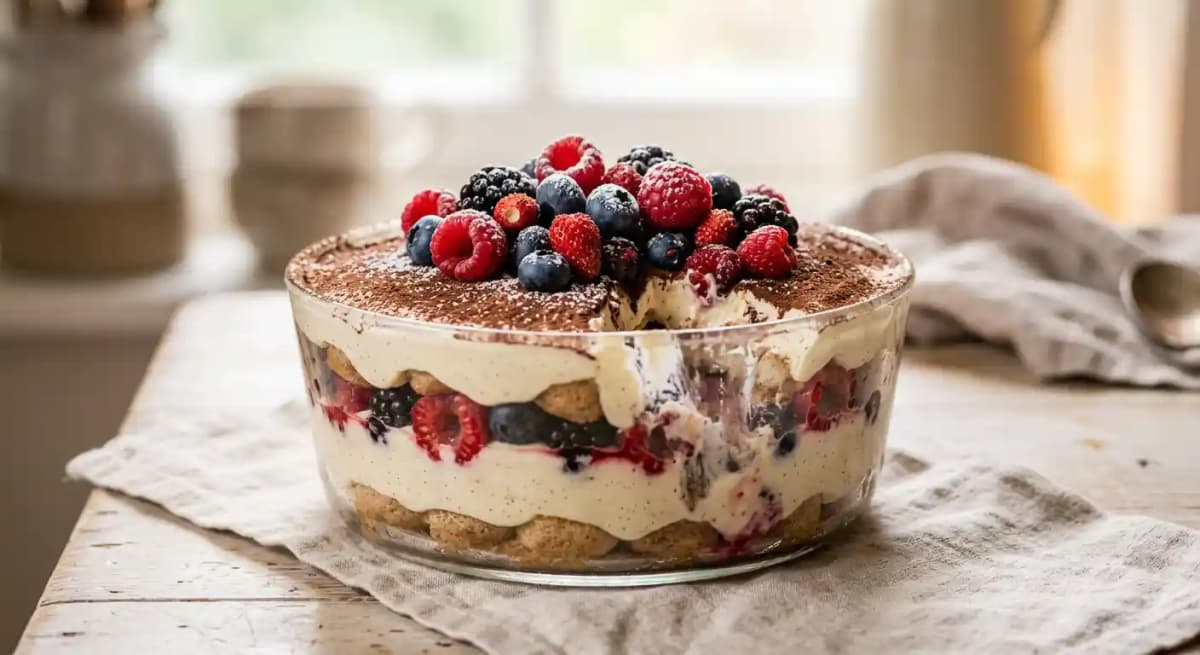 Berry Moscato Tiramisu recipe served on a plate, by Prima Italia
