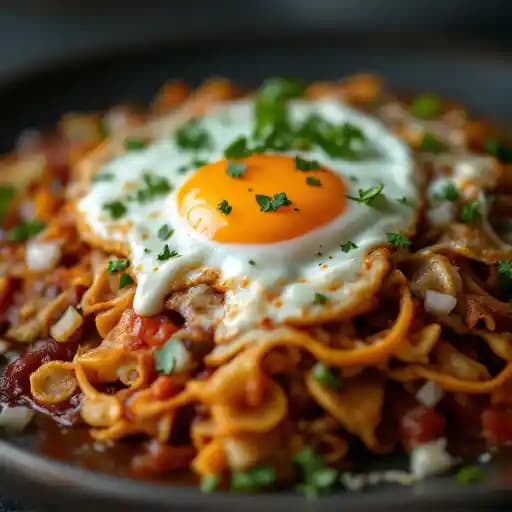 Chilaquiles recipe served on a plate, by Mexico In Alaska Restaurant