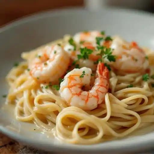 Seafood Fettuccine Alfredo recipe served on a plate, by Firetap Alehouse