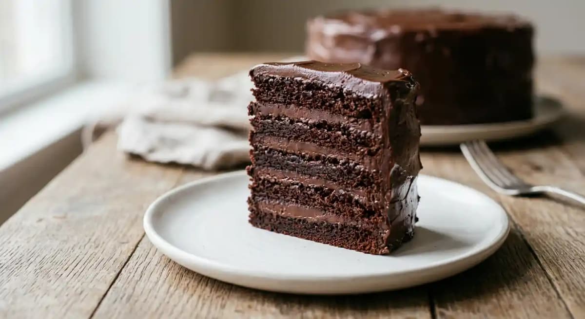 Linda's Fudge Cake recipe served on a plate, by The Cheesecake Factory