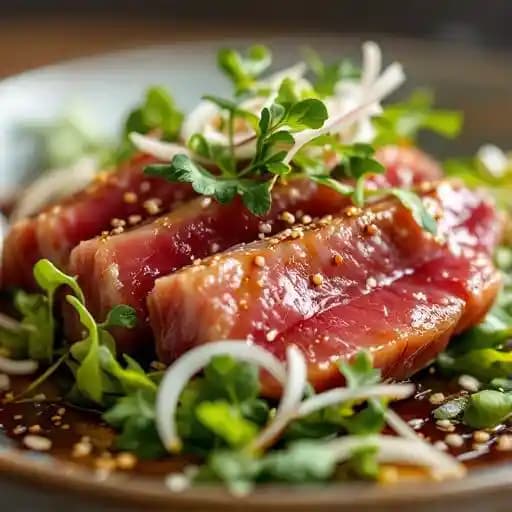 AHI TUNA TATAKI recipe served on a plate, by Uni Sushi