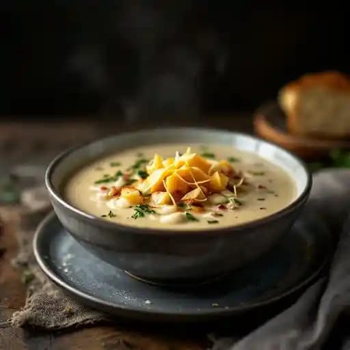 Creamy Five Onion Soup recipe served on a plate, by Sierra Street Kitchen and Cocktails