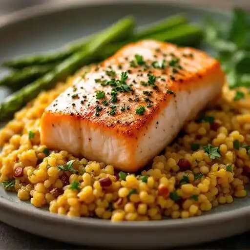 Salmon (GF) recipe served on a plate, by Riverside Grill