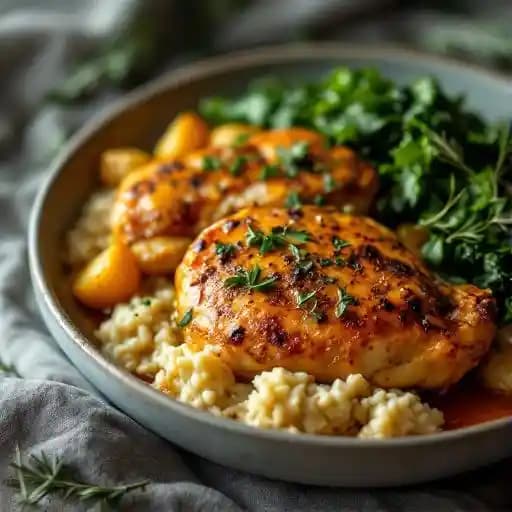 Organic Pasture-raised Chicken recipe served on a plate, by The Well Organic Pasture-raised Chicken recipe served on a plate, by The Well