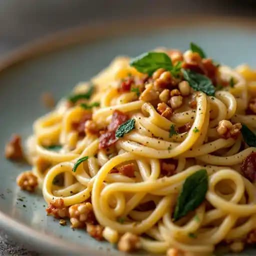 Roasted-Garlic Carbonara recipe served on a plate, by The Firehouse Restaurant