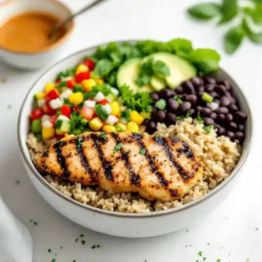 Pan Grilled Chicken Bowl recipe served on a plate, by Aqui Willow Glen