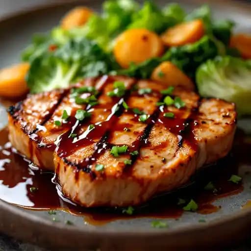 FRENCH CUT GRILLED PORK CHOP recipe served on a plate, by Midtown Bistro
