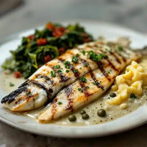 Whole Grilled Branzino recipe served on a plate, by Trellis Room