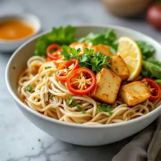Bún Đậu Hũ - Lemongrass Tofu Noodle Bowl recipe served on a plate, by Pho 888