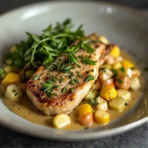 Le Lapin à la Moutarde recipe served on a plate, by Bouchons Bistro