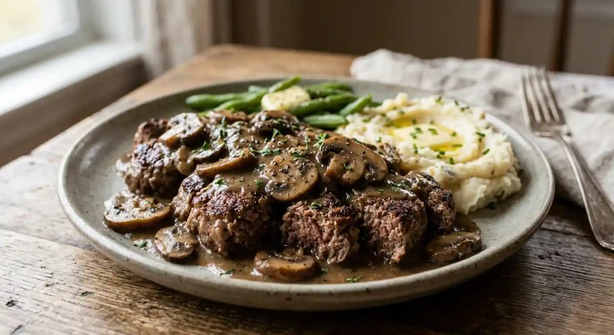 Chopped Steak with Mushroom Gravy recipe served on a plate, by Springfield Diner