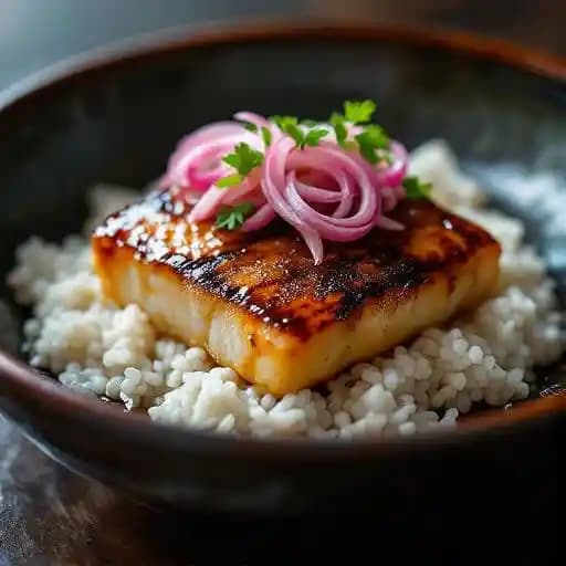 Ume Miso Cod Kushiyaki recipe served on a plate, by Los Mochis London City