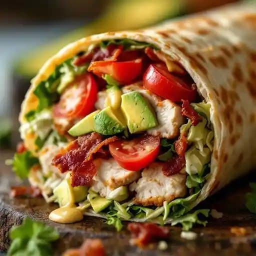 chicken bacon avocado wrap recipe served on a plate, by Bar and Board Bistro