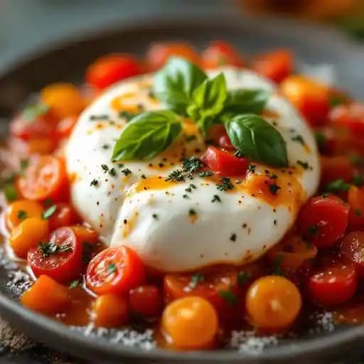 Burrata Peperonata recipe served on a plate, by Pasta Beach Newport