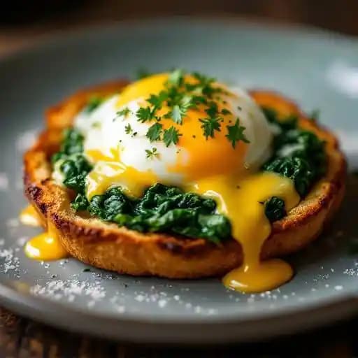 Poached eggs on spinach nest with toast & hollandaise